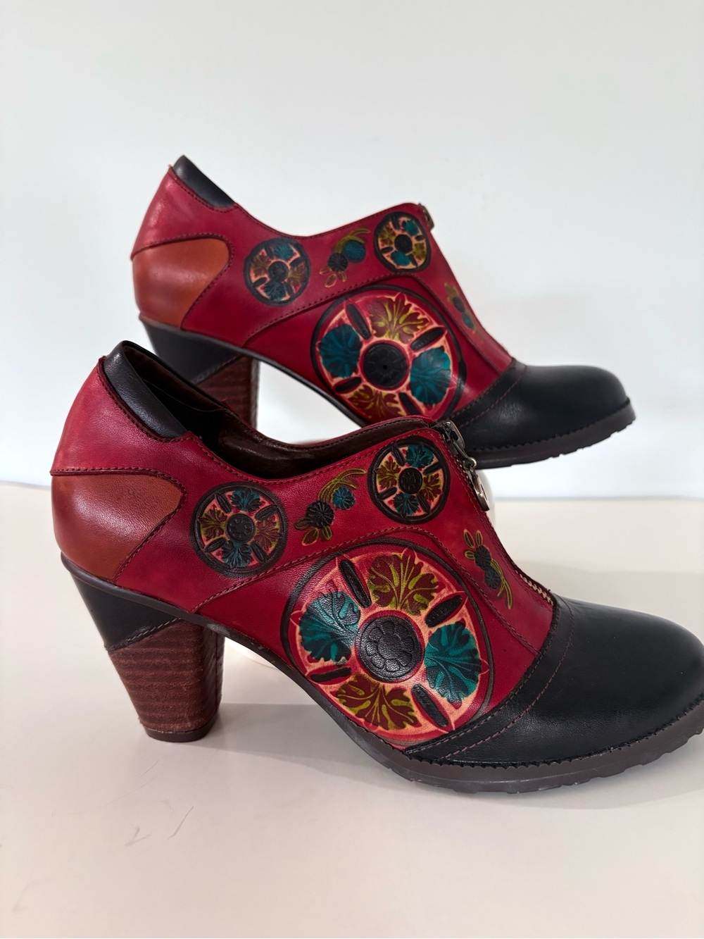 Women's Red Leather Floral Embellished Ankle Booties - Picture 12 of 13